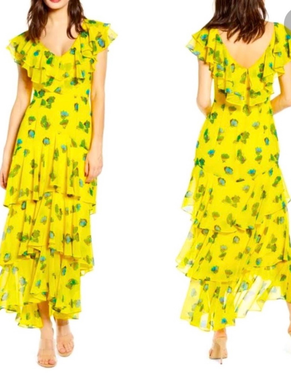 Wayf Yellow Floral Ruffle Maxi Dress